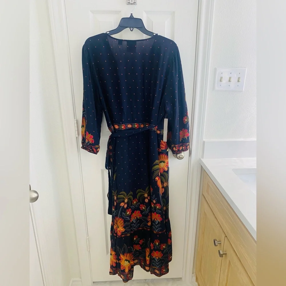 NWT Anthropologie x Farm Rio Navy Orange Floral Wrap Midi Dress XLP - Picture 5 of 12